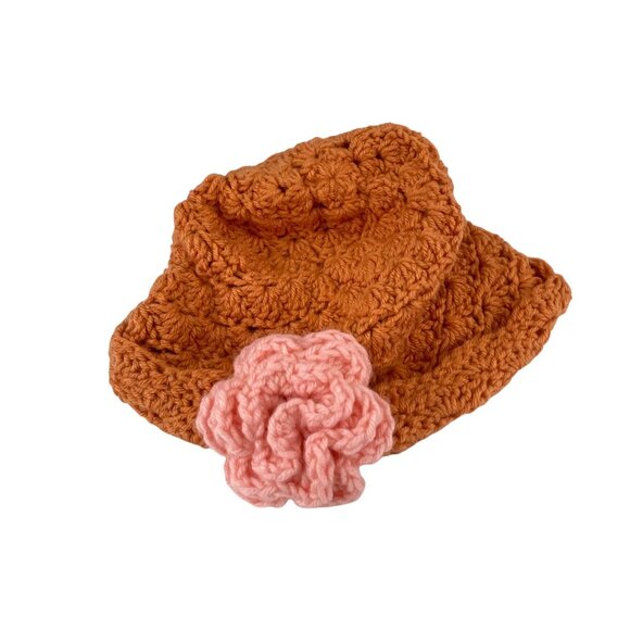 Handcrafted Crochet Baby Hat With Pink Flower Accent In Soft Brown - Picture 2 of 7
